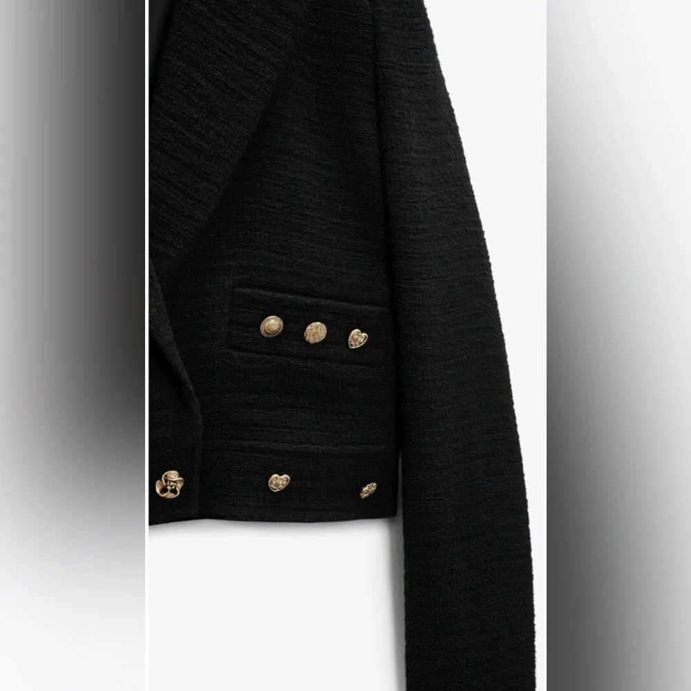 ZARA NEW Women’s CROPPED BUTTONED Textured Tweed BLAZER JACKET BLACK Size Small - Picture 8 of 16